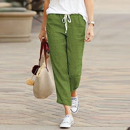 Womens Cotton Linen Pants Plus Size High Waisted Trousers Elastic Waist Lounge Pants Drawstring Summer Pants2