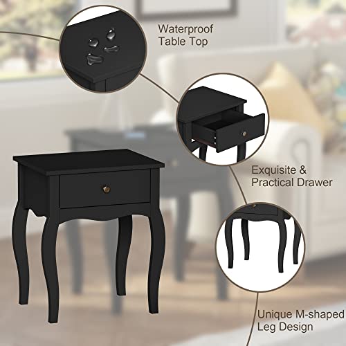 Choochoo End Table With Wavy Silhouette & Curved Legs, Narrow Nightstand With Storage Drawer, Modern Side Table, Wood Night Stand For Bedroom, Small Spaces, 18.7" L X 13.7" W X 21.6" H (1, Black) #TOP5