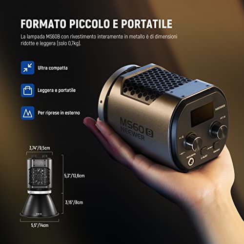 NEEWER MS60B Luce Video LED con Controllo 2,4G/APP, 65W Mini Faretto a Luce Continua Bicolore COB Compatto in Metallo 2700K-6500K, 40000lux@1m, CRI 97+/TLCI 98+, 12 Effetti, Dimmer PWM, Attacco Bowens