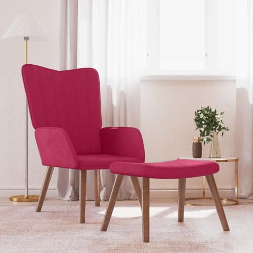 SooIarix Sillón de relax con taburete, terciopelo rojo vino, silla tapizada, sillón orejera, sillón de salón, silla con reposabrazos para dormitorio, patas de madera maciza