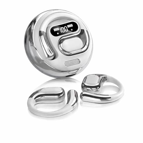 Image of NYXO K03 Open Ear Wireless Earbuds with LED Display, Bluetooth 5.3 Clip-On Earphones, Pain-Free Design, HiFi Sound, Lightweight Sports Headphones with Charging Case for Calls, Music & Workout (SILVER)