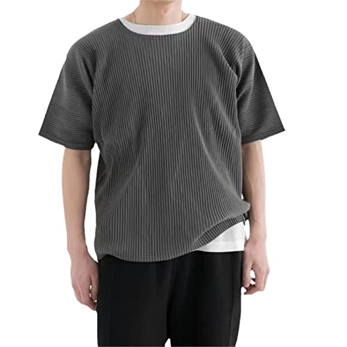 T-shirt d'été pour homme manches courtes plissées style décontracté cinq points gris M