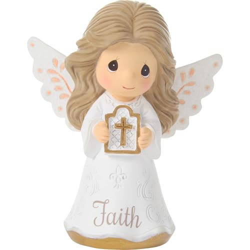 Precious Moments 252428 Faith Mini Angel Figurine Holding Cross Inspirational Resin Angel with Peach Wing Accents Religious Gift for Communion or Confirmation
