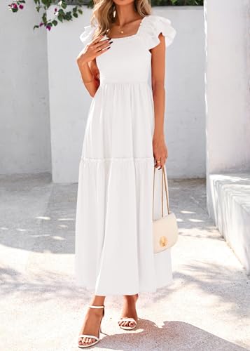 KIRUNDO Smocked Summer Dresses for Women 2025 Wedding Guest Midi Flowy Ruffle Short Sleeve Square Neck Tiered Sundress4