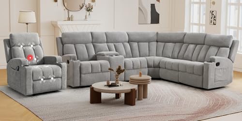 CANMOV Manual Reclining Sectional Sofa Set, Fabric L Shaped Living Room Furniture Sets, Reclining Sectional Corner Couch and Recliner Chair Set with Cup Holder and Storage for Home Office, Light Grey