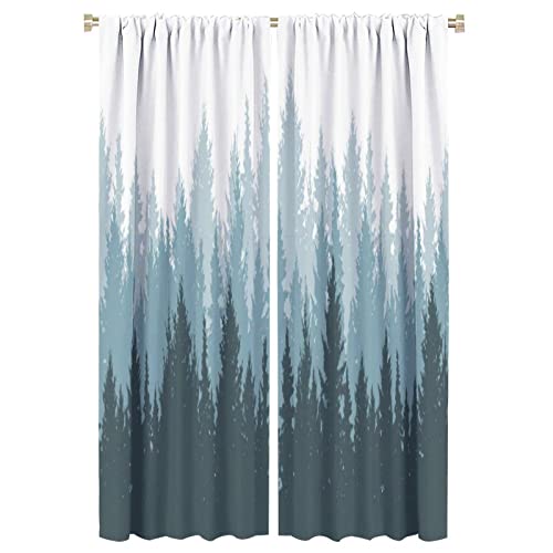 Foggy Forest Curtain, Green Coniferous Tree Silhouette Mist Landscape Watercolor Style Room Darkening Door Window Rod Pocket Curtain for Bedroom Living Room 42x63in