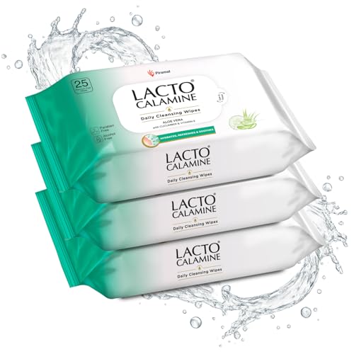 Lacto Calamine Daily Face Cleansing Wipes with Aloe Vera, Cucumber & Vitamin E, Hydrating, Refreshing, Soothing Paraben and Alcohol Free, White, Pack of 3, 75 Count