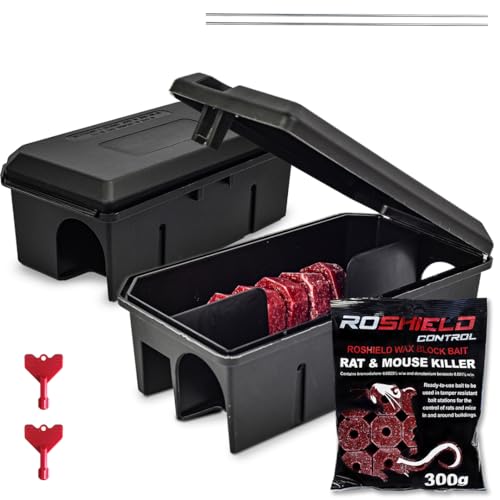 Roshield - 2X PRE-BAITED Anti Rat Solution Kit | Pre Bait Box Rat Trap + 300g Refill blocks | indoor/Outdoor Fast & Safe Infestation Control | Rat Poisoning Super Strength | READY TO USE | 2Pack+300g