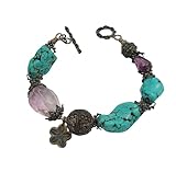 Handmade Fluorite and Turquoise Stone Sterling Silver Bali Bead Bracelet.