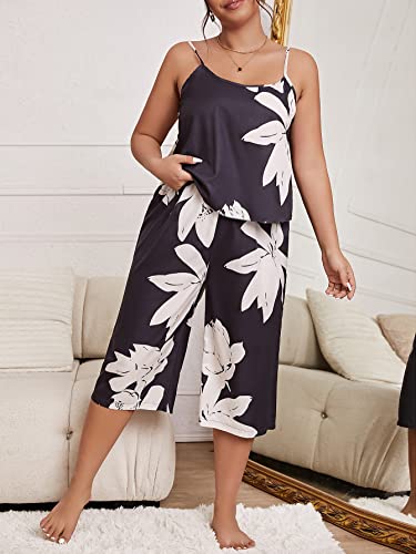 Oyoangle Women's Plus Size 2 Piece Floral Spaghetti Strap Cami Top And Capri Pants Pajama Set Black White 1Xl #TOP4