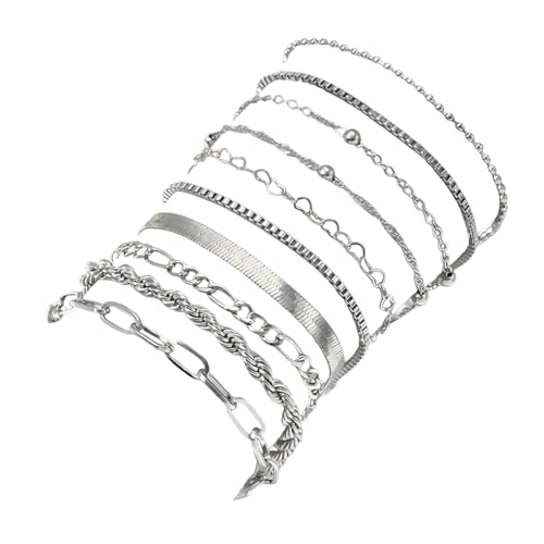 LQIOACU Armband Damen Edelstahl Ketten Armbänder Set Armbander Twist Schlange Armkette Damen Verstellbar Armband Set Charm Armband Silber Armband für Damen Frauen, 10 Stück