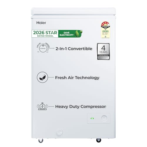 Image of Haier HFC-145SPW4, 4 Star (2026 Star Rating) Single Door Convertible Deep Freezer, Heavy Duty Compressor with inside metal Liner, Compact Design with Removable Gasket (White, 102 L)