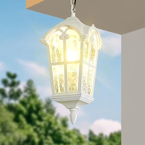 Outdoor Pendant Light for Porch Patio Garden Yard, Anti-Rust Aluminium Exterior Hanging Light Fixtures, Outside White Vintage Hanging Ceiling Outdoor Pendant Lamp Height Adjustable, 2pack