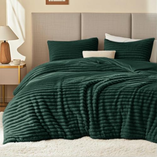 EXQ Home Fluffy Comforter Set Full Size,3 Pieces Bed Set,Dark Green