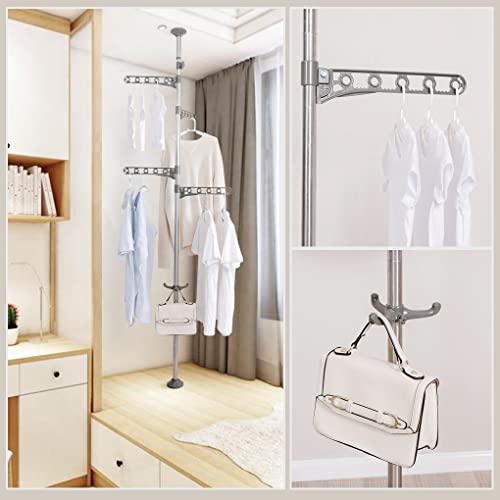 Dahoomii 4-Tier Extendable Laundry Pole Clothes Drying Rack Tension Rod Corner Metal Coat Tree Hanger Garment Stand Gray #TOP3
