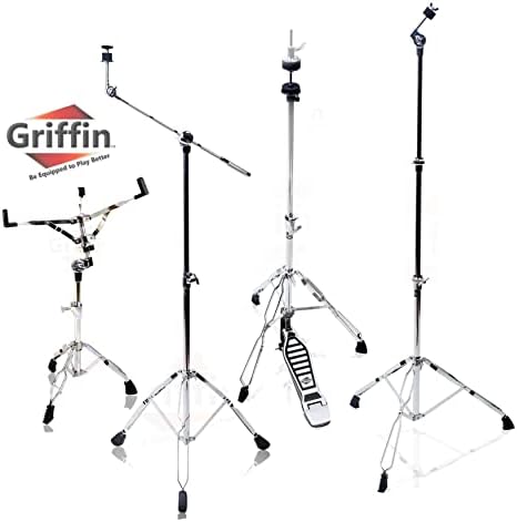 GRIFFIN Cymbal Stand Hardware Pack 4 Piece Set | Full Size Percussion Drum Hardware Kit with Snare Mount, Hi-Hat Pedal, Cymbal Boom, & Straight Cymbal Stand | Lightweight & Portable | Perfect for Gigs