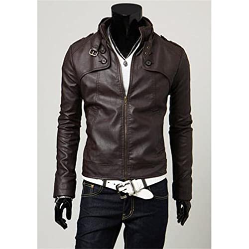 Maiyifu-GJ Men Stand Collar Faux Leather Jacket Regular Fit Stylish Motorcycle Jackets Lightweight Pu Vintage Outwear Coat (Dark Brown,Small)2