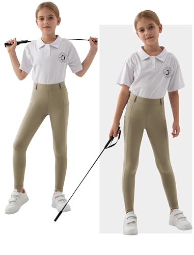 MoFiz Kinder Reithose Mädchen Vollbesatz mit Silikon Kinder Reitleggings mit Reißverschlusstasche Khaki 158-164