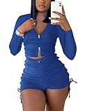 ABKY Short Sets Women 2 Piece Outfits Sexy Long Sleeve Drawstring Ruched Two Piece Outfits Sweatsuits ClubWear Blue L