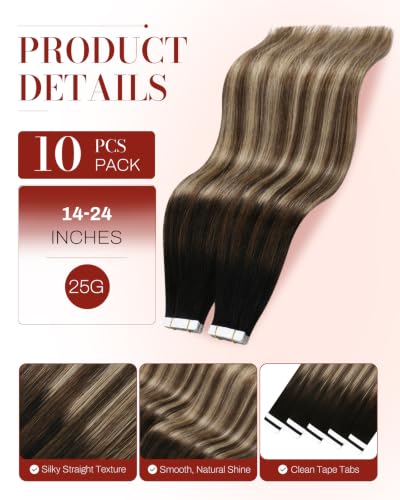 Image of Moresoo Black Brown Tape in Human Hair Extensions 18in 10Pcs 25g | Tape extensions human hair, dark-to-light color melt, low-profile tabs, shoulder-length layers and weekend styling use