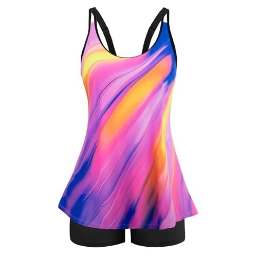 Arolina Tankini Swimsuits for Women Tummy Control Two Piece Bathing Suits Flowy Swim Tops with Boy Shorts Colorful Tie-dye 16 Plus