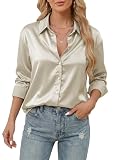 Stamain Women's Satin Silk Shirts Long Sleeve Button Down V Neck Dressy Casual Loose Work Office Blouse Tunic Tops Champagne L