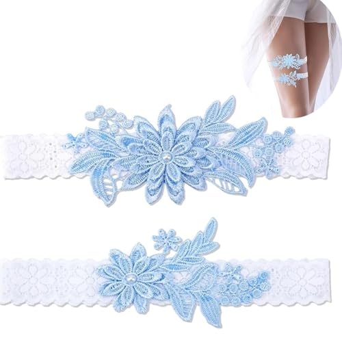 ZHAOYCSH 2 Pièces Porte-Jarretelles de Mariée en Dentelle Florale avec Fausses Perles - Jarretière Élégante pour Cérémonie de Mariage, Enterrement de Vie de Jeune Fille ou Bal,Bleu