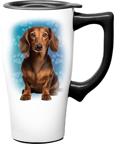 Spoontiques Dachshund Ceramic Travel Coffee Mug with Lid and Handle - Spill Proof Lid - Double Walled Mug for Hot and Cold Beverages - Microwave and Dishwasher Safe