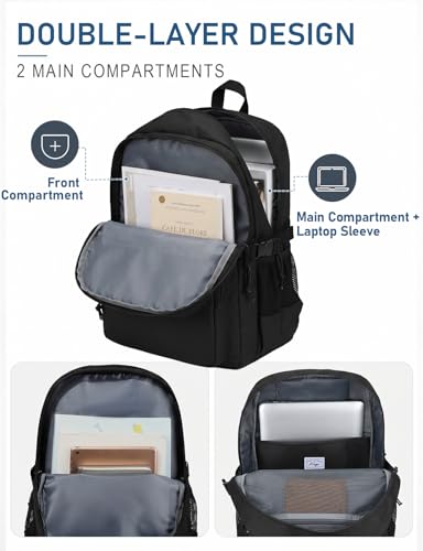 Image of Kasqo School Backpack, 20L Dual Compartment Bookbag for Boys Teens, Black | 20L, Machine Washable, Water-Resistant, Fit 15.6 Inch Laptop, Dual Main Compartment, 8 Pockets, Side Compression Buckles