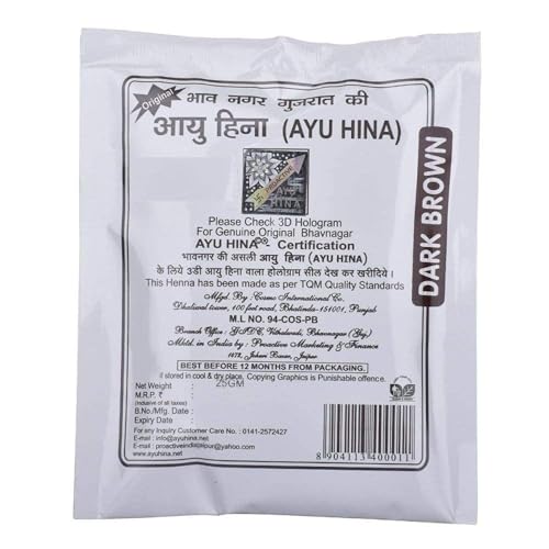 AYU HINA Henna, Dark Brown, Herbal Hair Colour, 25 g, Pack of 15