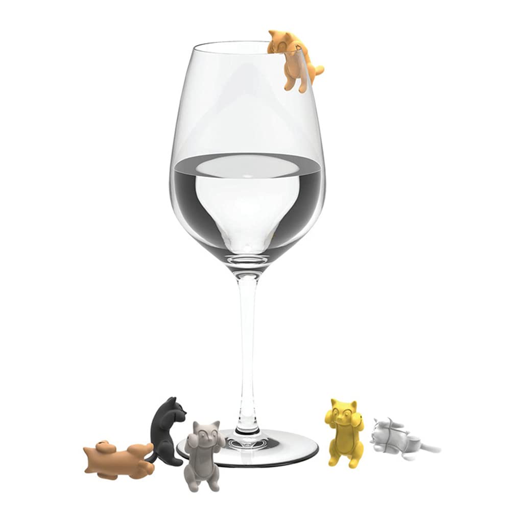 JinGuoZiLP 6Pcs/Set for Creative Silicone Lying for Cat Shaped Wine Glass Markers Cup Distinguisher Recognizer Drink Charms for Home Party Kitchen Bar Labeling Tool
