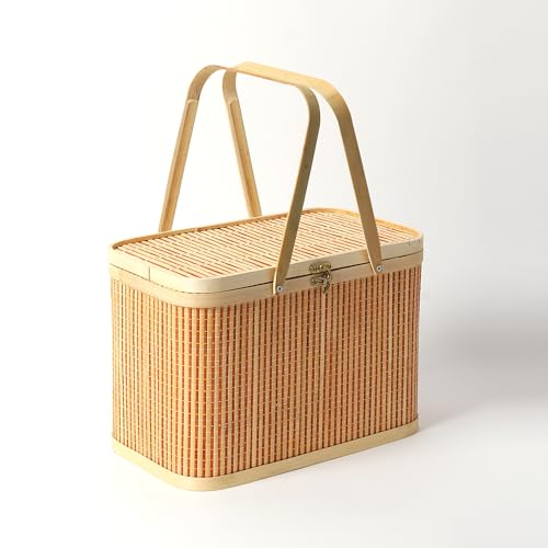 Image of Habere India-All the Cultures Fabricating India Basket for Lunch | Bamboo Picnic Basket with Top Handle | Morden Picnic Baskets Ideal for Outdoor Dining and Family Picnics (Beige : L33xW21xH20 cm)
