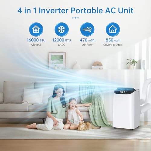 16000BTU Inverter Portable Air Conditioner Cools Up for Rooms 850 Sq. Ft, 3 in 1 Portable AC Unit with Dehumidifier Fan 24H Timer Sleep Mode Function for Large Room Office Temporary Space - Thumbnail 2