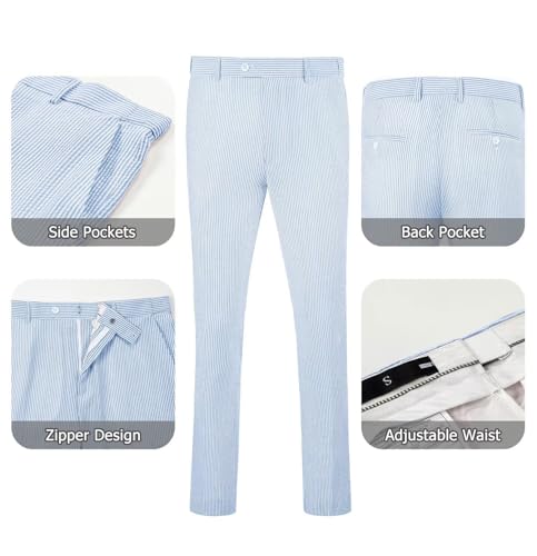 Seersucker Slim Suits for Men Formal Casul Summer Beach Wedding Grooms 2 Piece Blazer Pants Party Striped Suit Sets4