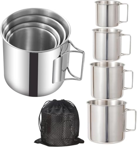 pobowlgarls Set di 4 tazze da campeggio per esterni, in acciaio inox 304, con manici pieghevoli, per campeggio, escursioni, picnic
