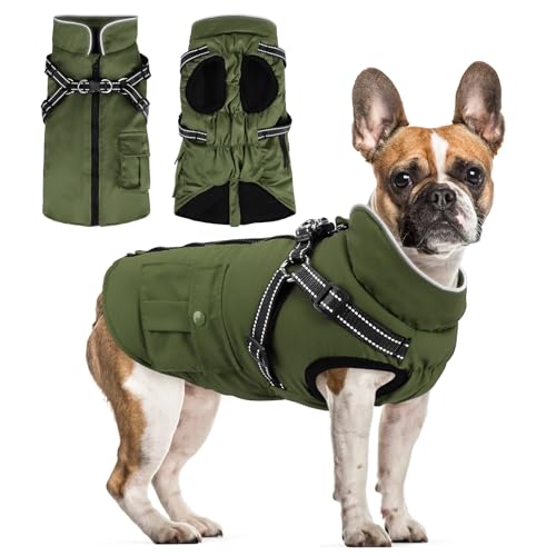 Woiil Hundemantel Hundejacke Wintermantel für Kleine Hunde, Hundemantel Winter mit Geschirr, Hunde Wintermantel Ärmellose Baumwolle Gepolsterte Weste Wasserdicht Warme Reflektierend, Armeegrün S