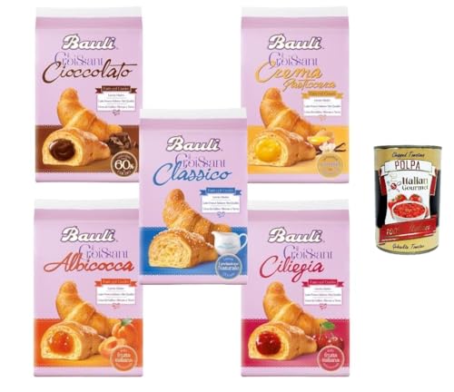 Bauli Croissant Mix – 5 variedades (Classico, chocolate, crema de vainilla, albaricoque, cereza) – 5 × 300 g – croissants italianos para desayuno y aperitivos + polpa italiana gourmet 400 g