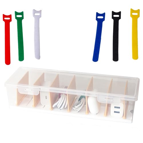 Clear Cable Organizer Box with 10 Reusable Cable Ties, Cord Management Case for Phone Chargers, Wires, Electronics. Desk Drawer Storage Organizer for Home, Office.