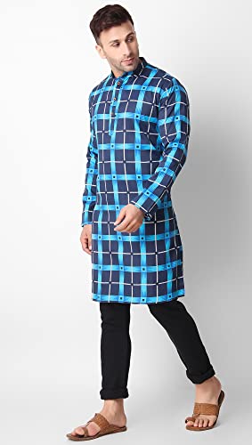 SKAVIJ Men's Printed Checkered Cotton Tunic Casual Kurta Shirt Great (Navy Turquoise, Large)3
