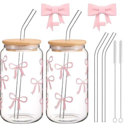 Exquilnova 16OZ Pink Bow Glass Cup Set with Lids and Straws - 2PCS 500ml Reusable Cute Tumblers for Coffee, Tea, and Juice Gifts for Women