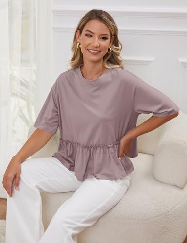 Women Summer Short Sleeve T-Shirts Oversized Dressy Casual Work Blouses Cropped Cute Ruffle Babydoll Peplum Tops4