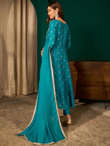 Image of Naixa Women'sSilk Embroidered Printed A-Line Kurta with Pant |Silk Laced Dupatta Set | 3 /4 Sleeve | Round Neck | Festive (Available in Plus Size)