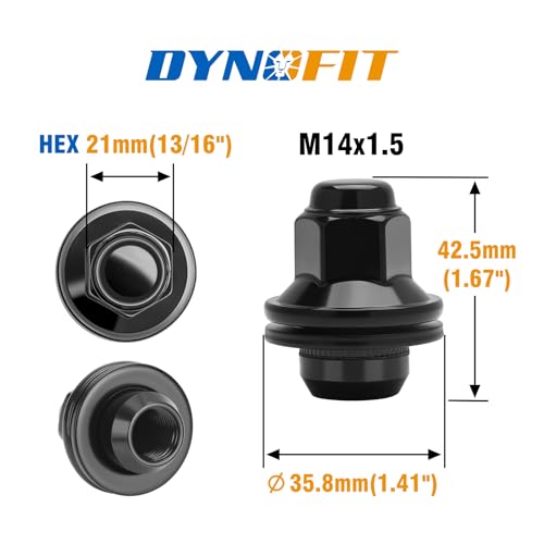 Image of Dynofit M14x1.5 Lug Nuts Compatible with Toyota Tacoma 4Runner Tundra,Mag Washer Seat,24pcs 13 /16 inch Hex Black Heat Treated Wheel Nuts for 2022+ Lexus LX600,for OEM Steel Wheels