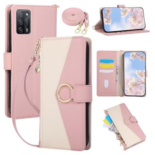 Funda Libro para OPPO A53 2020/A32/A53S con Cuerda, Cartera Mujer con 6 Ranuras para Tarjetas, Monedero Cremallera, Cierre Magnético, Soporte Plegable, Rosado