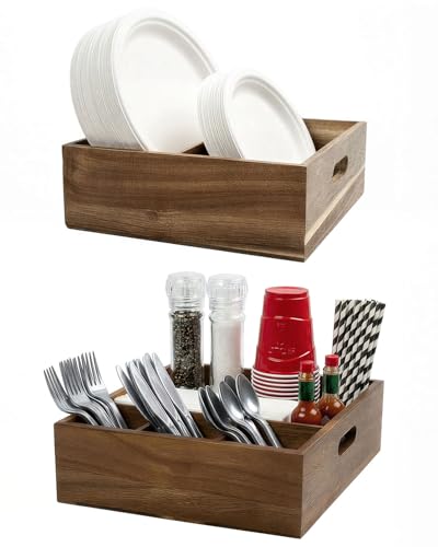 Acacia Wood Utensil Holder for Party (Set of 2) - 11 x 9.5 Utensil Caddy for Parties & Silverware Caddy for Countertop - Holds Plates, Napkins, Cups, Spoons, Forks - Kitchen Accessories