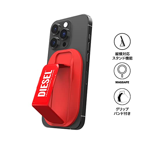 DIESEL MagSafe対応 スマホスタンド FW22 グリップ＆スタンド スマホリング （ディーゼル ユニバーサルサイズ マグセーフ対応, レッド/ホワイトロゴ）