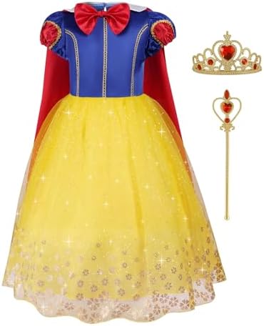 Aomig Weißer Schnee Prinzessin Kostüm Kinder, 4-teiliges Set Mädchen Kleid mit Krone und Zauberstab, Cosplay Lang Kleidung für Karneval Verkleidung Halloween Geburtstag Party (120c