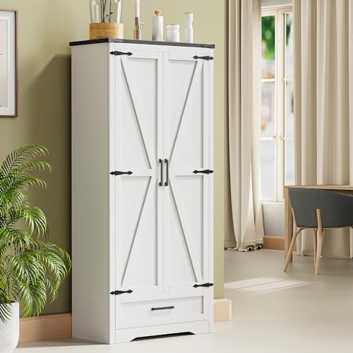 72\" Tall Farmhouse Kitchen Pantry with Drawer and 4 Shelves, Large Wood Kitchen Storage Cabinets with 2 Barn Doors & Drawer, Versatile Storage for Dining Room, Bathroom, Antique White