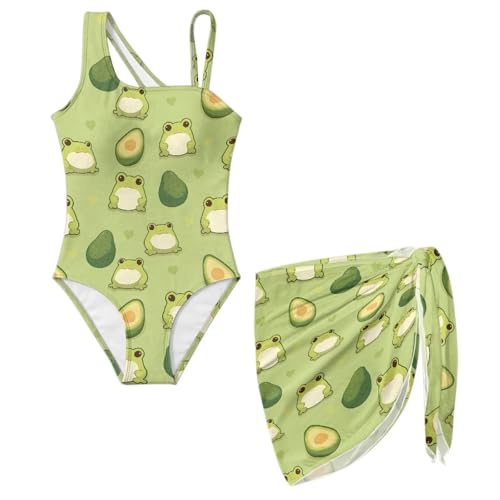 Cndexd Girls 2 Pieces Frog Bathing Suits Set with Mesh Cover Up One Shoulder Adjustable Straps Fashion Cutout Bathing Suit Summer Beach Vacation Swimwear