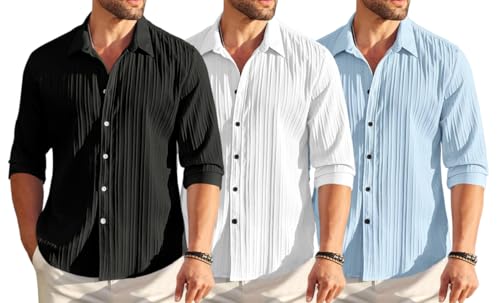 Image of FINIVO FASHION Combo of Men's Casual Cotton Plain Button Down Shirt Long Sleeve Textured Summer Beach Shirt for Men Pack of 3